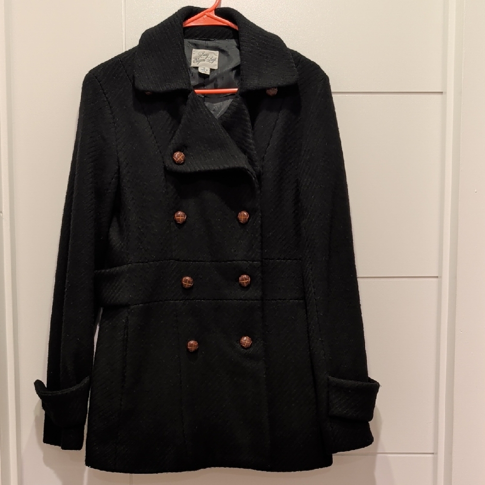 Long Elegant Legs Black Pea Coat with Brown Buttons